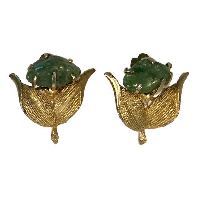 1940s Art Nouveau Green Jasper Gold Earrings, Pair For Sale
