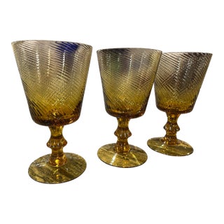 1960s Set of Three Mid Century Modern Swirl Amber Glass Goblets - Rare Style For Sale