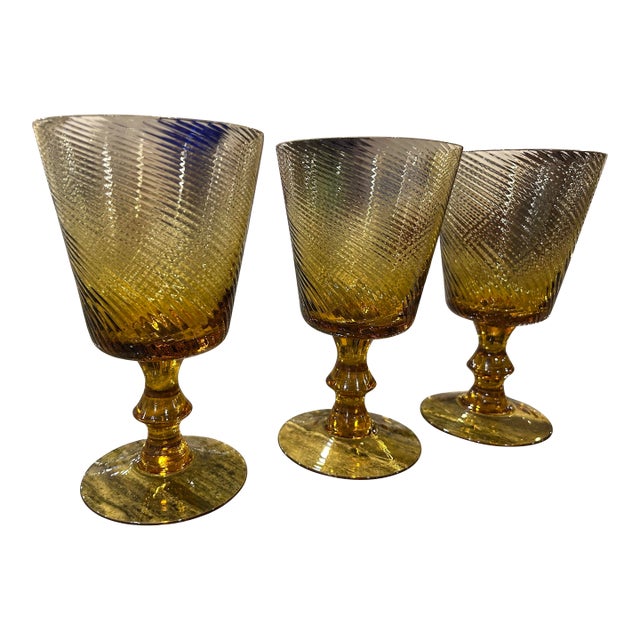 1960s Set of Three Mid Century Modern Swirl Amber Glass Goblets - Rare Style For Sale