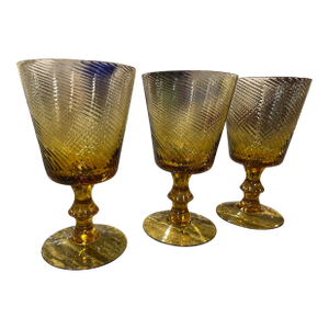 1960s Set of Three Mid Century Modern Swirl Amber Glass Goblets - Rare Style