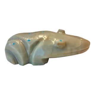 Vintage Zuni Frog Fetish Carved Stone Turquoise Inlay Attributed to Fenton Luna and Fred Weekly For Sale