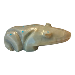 Vintage Zuni Frog Fetish Carved Stone Turquoise Inlay Attributed to Fenton Luna and Fred Weekly