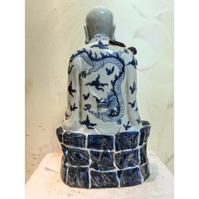 Ceramic Chinese Vintage Ceramic Buddhist Sculpture,Hand Carved Blue and White Porcelain the Eighteen Arhats Statue For Sale - Image 7 of 7