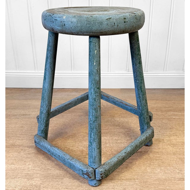 Antique Primitive Farmhouse Blue Wood Round Barn Milking Stool For Sale - Image 6 of 8