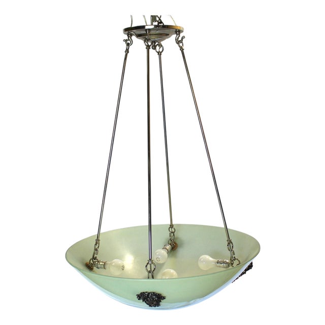 1990s Mid-Century Modern/Deco Style All Glass Chandelier Bronze Appliques For Sale
