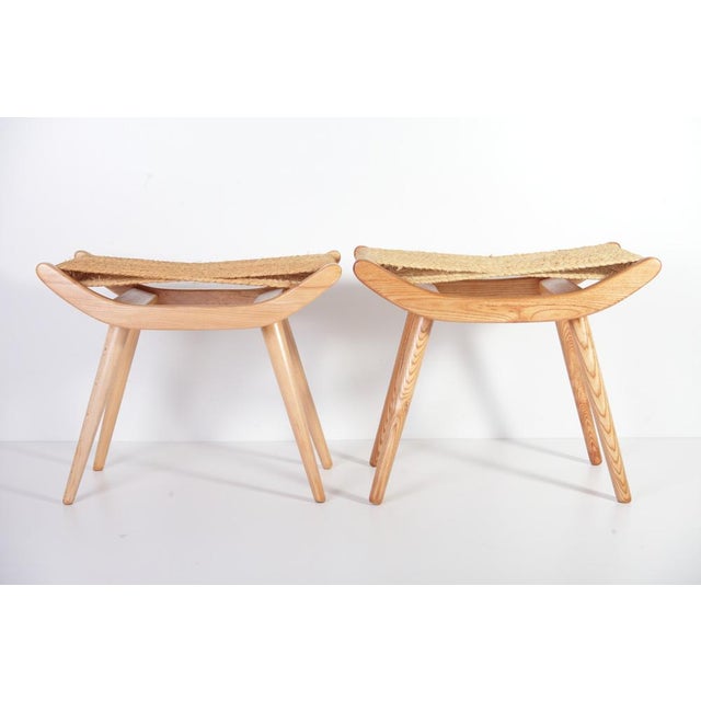 Completely restored raffia weaved ash and beech stools from ULUV, former Czechoslovakia in 60s. Weaving was thoroughly...