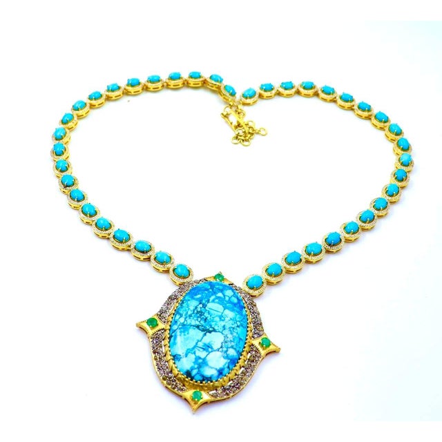 Bochic "Capri" Diamonds, Emeralds & Turquoise Necklace Set In 18K & Silver For Sale - Image 13 of 18