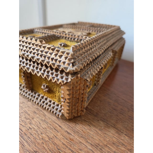 Antique Tramp Art Box Hand Carved Folk Art Keepsake Box Monogram R Velvet Jewelry Box Primitive Wooden Storage Decor For Sale - Image 14 of 15