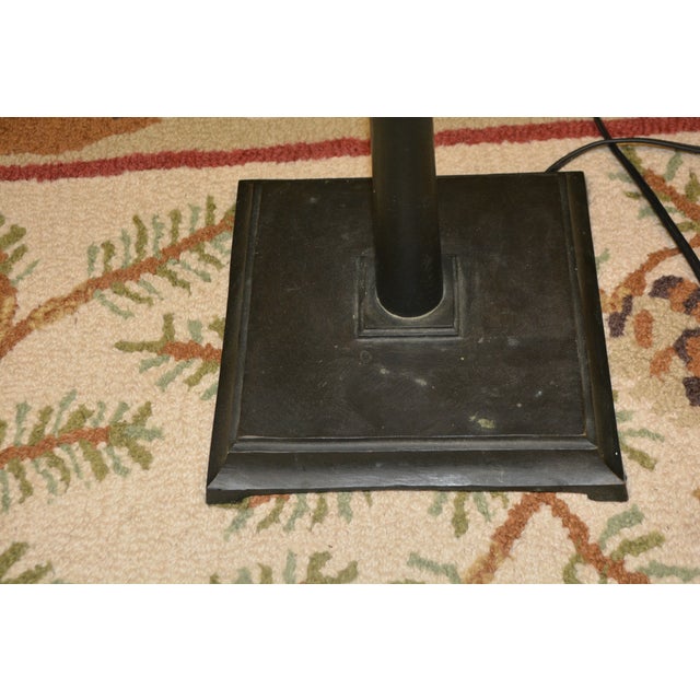 1990s Mission Style Stained Glass Floor Lamp Cream & Black W/ Bronzed Metal Column & Square Iron Base For Sale - Image 4 of 14
