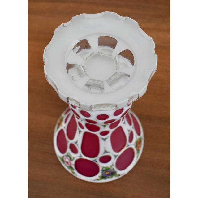 White Vintage Pair of Moser? Bohemian Cased Glass Cranberry & White Hand Painted Vases For Sale - Image 8 of 13