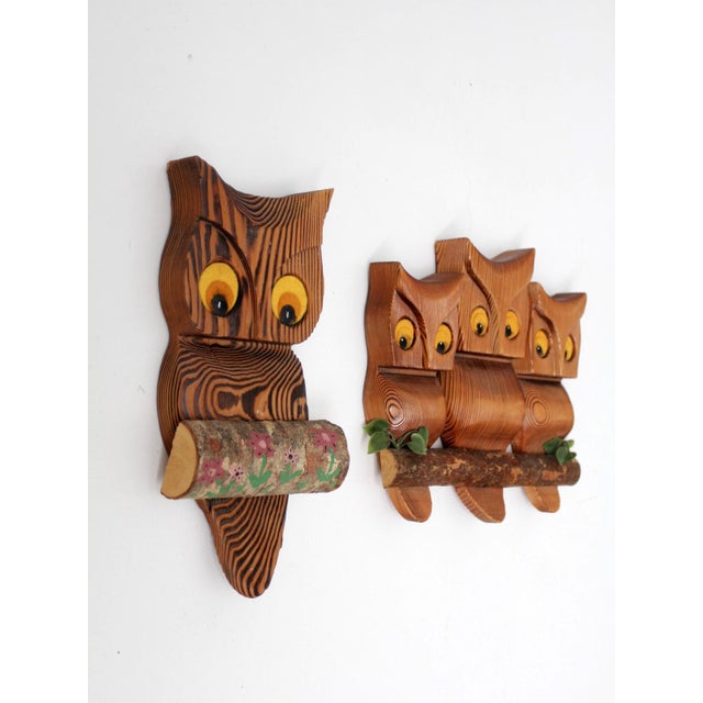 Mid-Century Carved Wood Owl Wall Hangings Set For Sale - Image 4 of 9