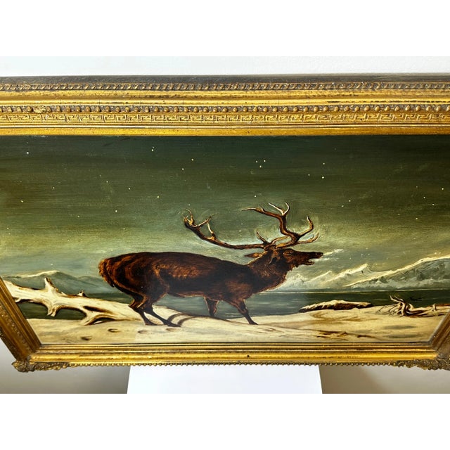 19th Century Oil Painting Winter Monarch of Glen Stag Deer Starlit Sky Highlands Loch Fyne For Sale - Image 9 of 12