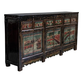 Antique Early 1900s Painted & Lacquered Chinese Sideboard With Exterior Scenes For Sale