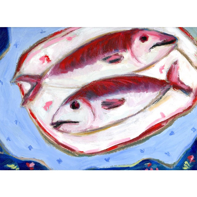 2020s Hockney Inspired, Two Fish on Blue, Still Life Pop Art Oil Painting by Alexandra Swistak For Sale - Image 5 of 7