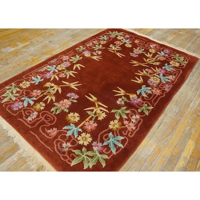 1930s Ruby Red Floral Antique Chinese Art Deco Carpet 4'4" X 6'6" Knotted Wool Rug For Sale - Image 12 of 12