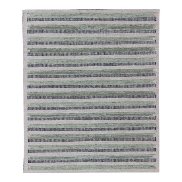 2020s Scandinavian Design Flat-Weave Rug With Striped Design in Charcoal and Green For Sale