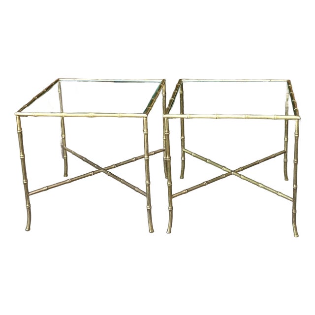 Pair of Maison Bagues Style Faux Bamboo Solid Brass Side Tables For Sale