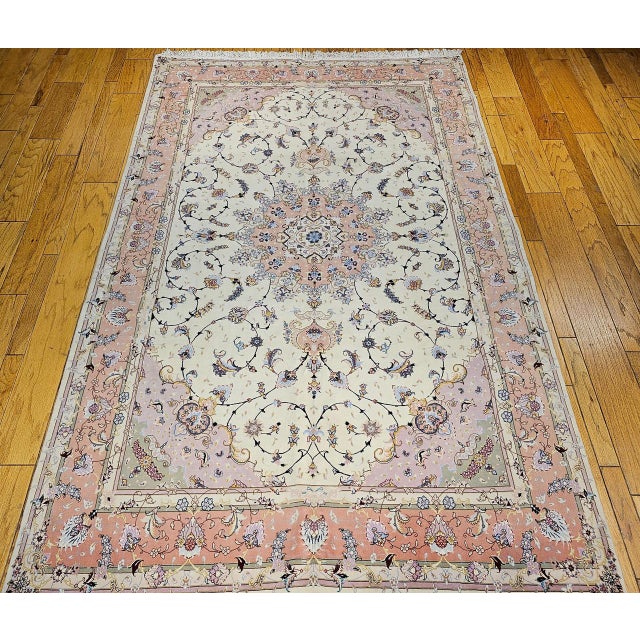 Ivory Persian Tabriz Rug, Hand-Knotted Wool & Silk, Fine Floral Pattern, Ivory & Pink, 7x10 For Sale - Image 8 of 15