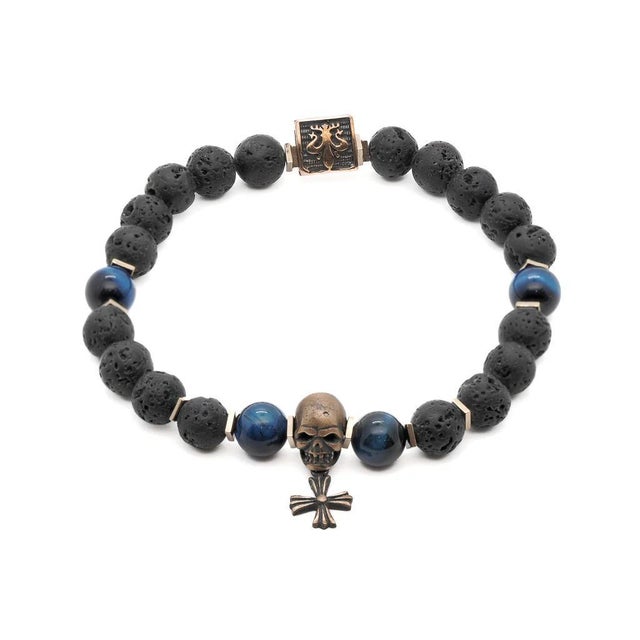 Skull Charm Fleur de Lis Symbol Black Beaded Bracelet For Sale - Image 10 of 10