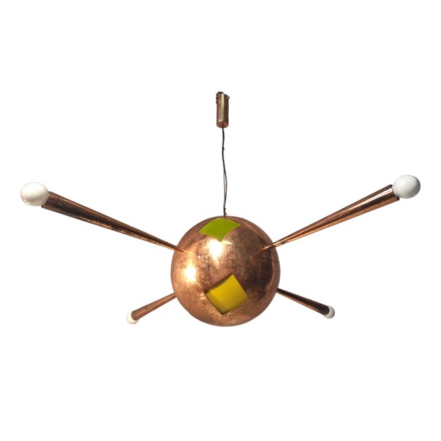 Chandelier in Copper Brass and Colored Glass 4 Copper Cones For Sale