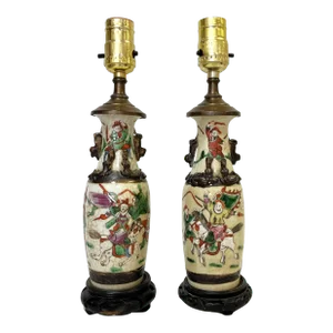 Early 1900's Asian Crackle Finish Ceramic Vases With Samurai Figures Made Into Lamps- a Pair