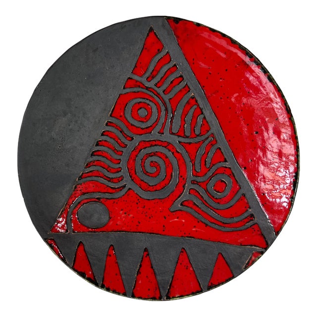 Mid-Century Danish Modern Black and Red Pottery Wall Plate, Signed For Sale