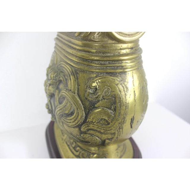 Vintage Brass Chinese Hu Vessel Urn Table Lamp Creatures Oni Serpent Foo Dogs For Sale - Image 11 of 12