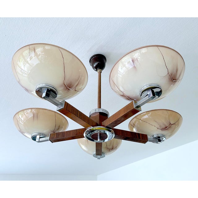 Large Art Deco Pendant Light in Wood and Glass, 1930s For Sale - Image 13 of 18