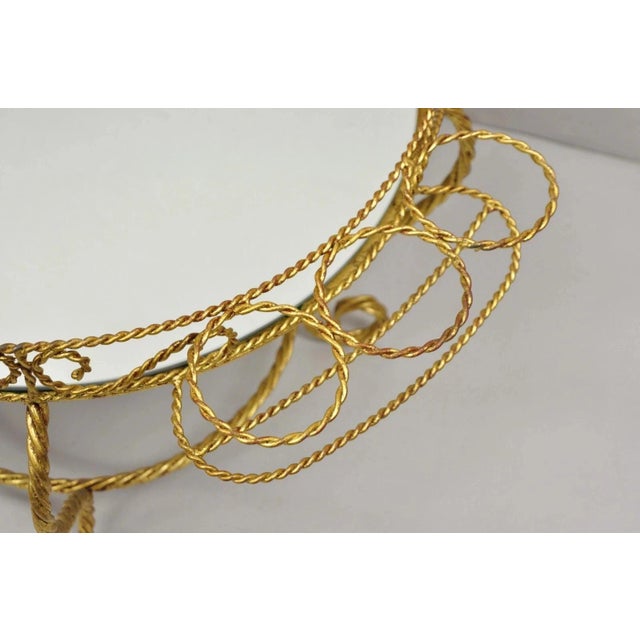 Vintage Italian Hollywood Regency Iron Gold Rope Round Mirror Top Coffee Table For Sale In Philadelphia - Image 6 of 10