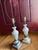 Vintage carved a pair of marble table lamps with neoclassical urn form and square base. Natural gray veining throughout...