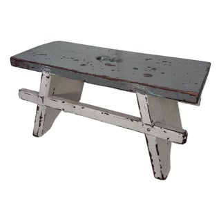 Scandinavian Folk Art Painted Solid Wood Low Stool, Dove Gray & Off White For Sale