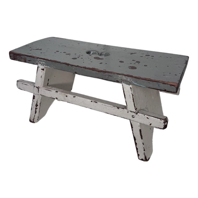 Scandinavian Folk Art Painted Solid Wood Low Stool, Dove Gray & Off White For Sale