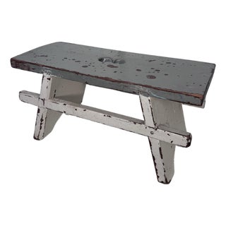 Vintage Scandinavian Folk Art Painted Solid Wood Low Stool, Dove Gray & Off White For Sale