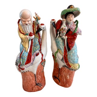 Pair Antique Famille Rose Immortal Statues Qing Dynasty Shou Xing Magu For Sale