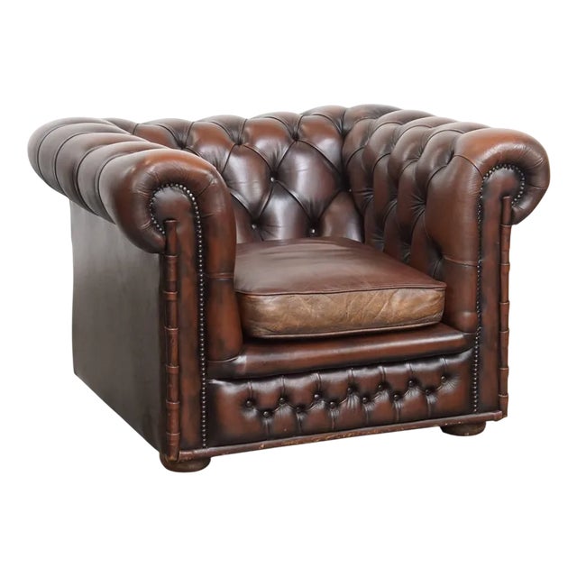 English Chesterfield Armchair in Dark Brown Cowhide with Decorative Studs For Sale
