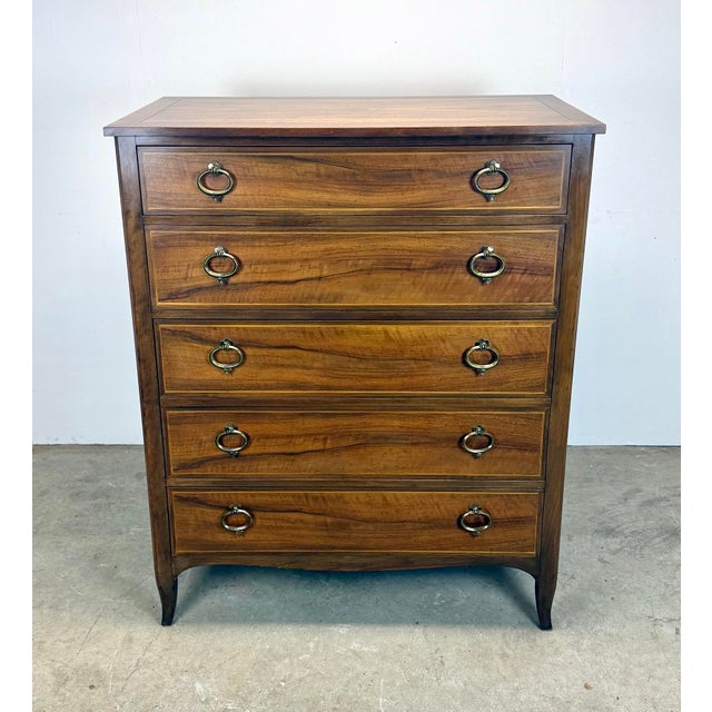 Baker Furniture Company Mid 20th Century Baker Furniture Walnut /Satinwood Bow Front Tall Dresser Chest of Drawers For Sale - Image 4 of 12