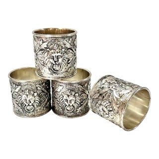 Vintage Silverplate Lion Head Napkin Rings With Acanthus Detail, Set of 4 For Sale