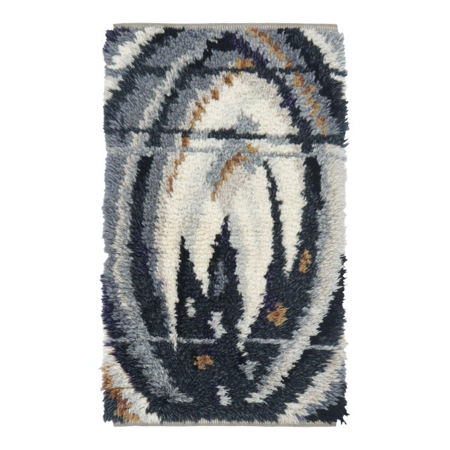 Vintage Swedish Rya Rug With White, Gray and Blue Geometric Pattern - Rug & Kilim For Sale