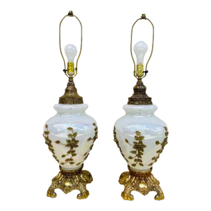 Mid 20th Century Hollywood Regency Brass Floral Table Lamps - a Pair