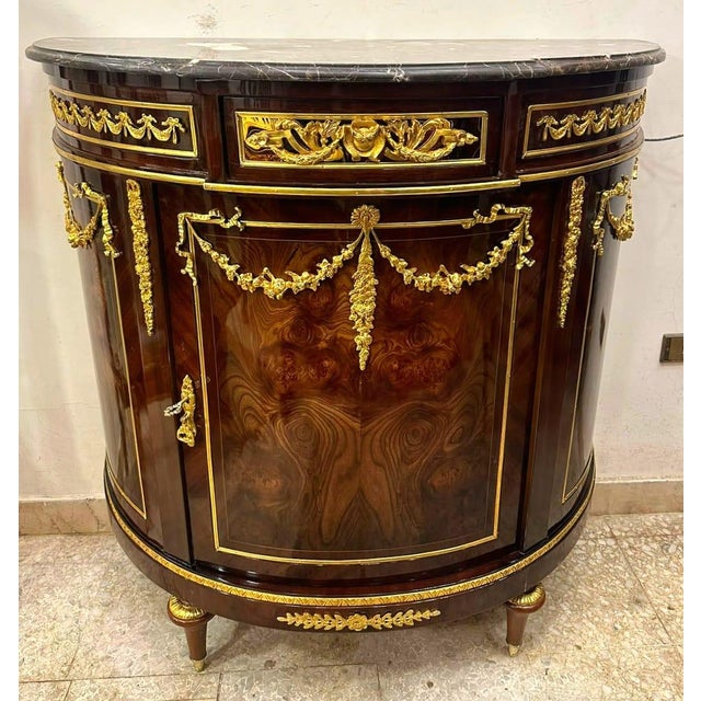 French French Louis XVI Marble Top Demilune Sideboard Cabinet With Hand-Finished Gold Leaf & Premium Hardwood For Sale - Image 3 of 5