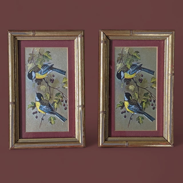 Vintage Bird and Botanical Art in Giltwood Faux Bamboo Frames- A Pair For Sale - Image 4 of 9