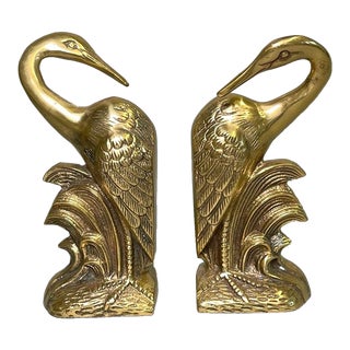 Vintage Pair of Brass Crane Bookends For Sale