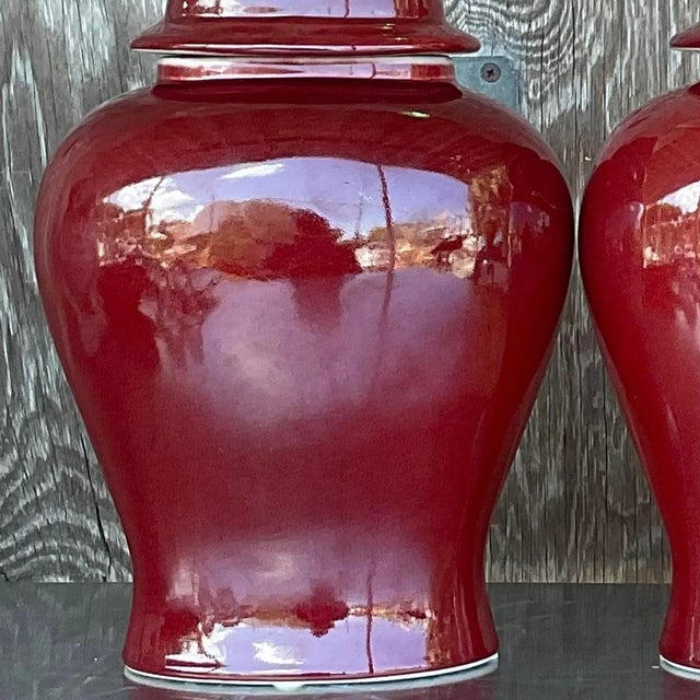 Late 20th Century Vintage Asian “Sang De Boeuf” Glazed Ceramic Ginger Jar Urns - a Pair For Sale - Image 5 of 12