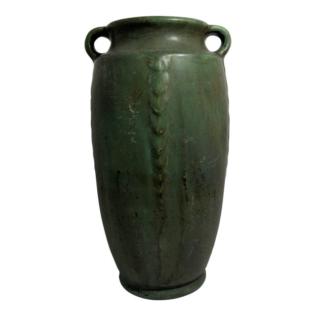 Vintage Niloak Art Pottery Green Double-Handle Vase – Benton, Arkansas For Sale