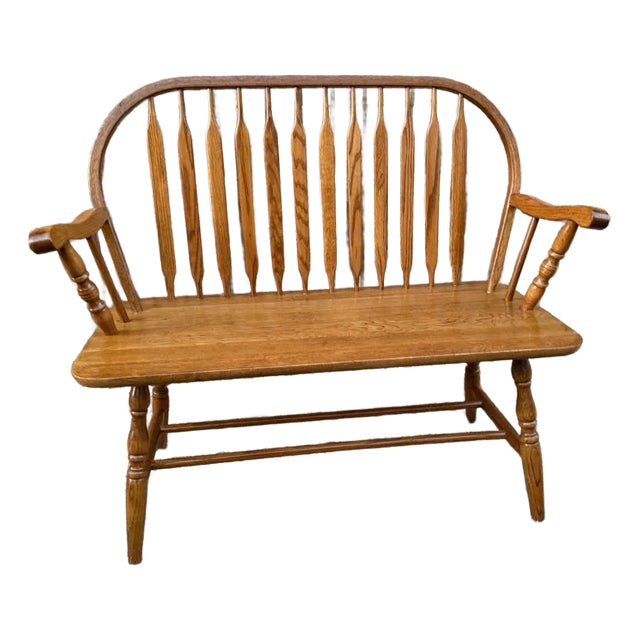 1980s Vintage Windsor Style Spindle Back Solid Oak Bench, Made in Taiwan For Sale