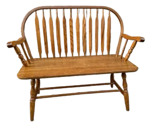 1980s Vintage Windsor Style Spindle Back Solid Oak Bench, Made in Taiwan