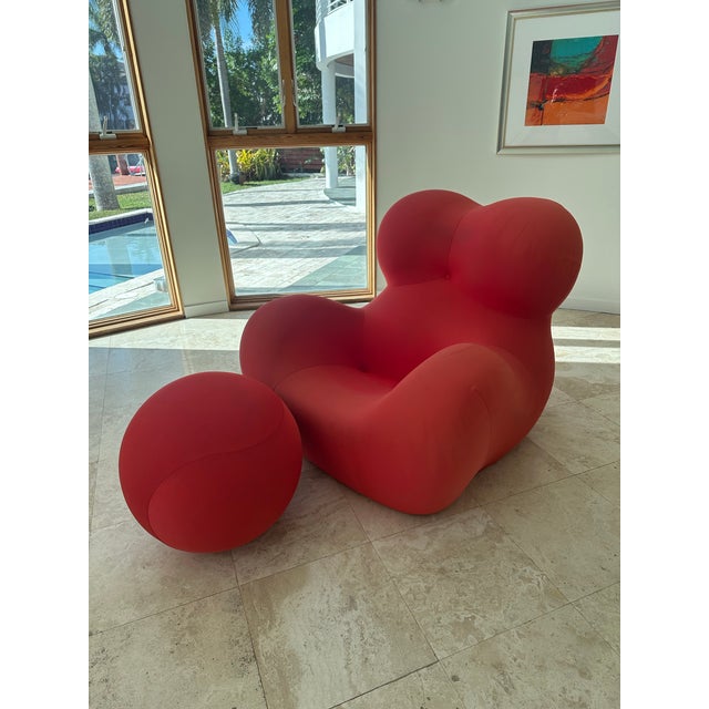 Authentic, iconic Gaetano Pesce chair and ottoman set in red. Ottoman is 21”