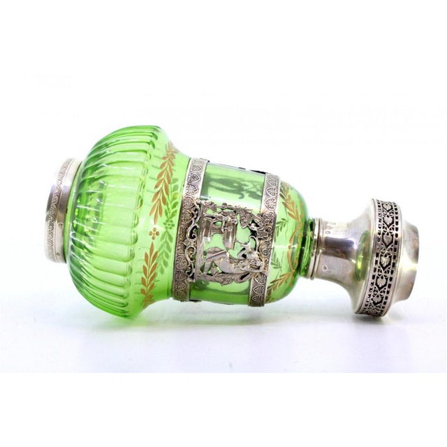 Liqueur Bottle in Green Glass with Relief Applications and Silver Lid For Sale - Image 3 of 8
