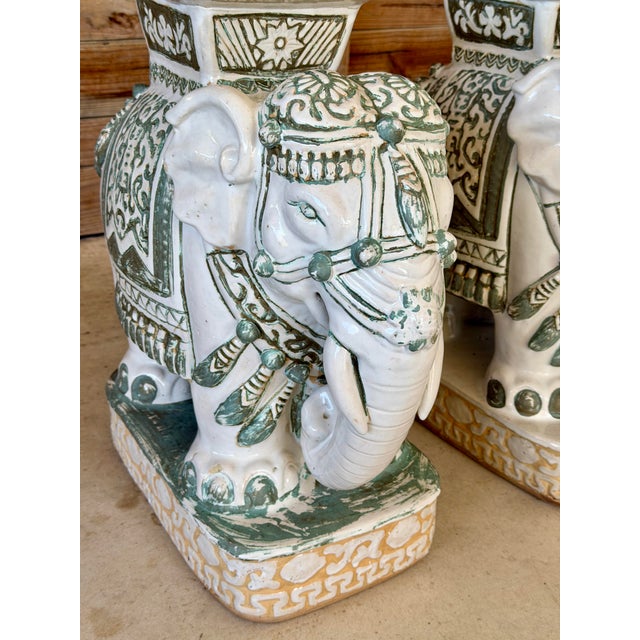 Mid 20th Century Pair Vintage Chinoiserie Regency Glazed Terracotta Ceramic Elephant Garden Seat Side Tables For Sale - Image 5 of 12