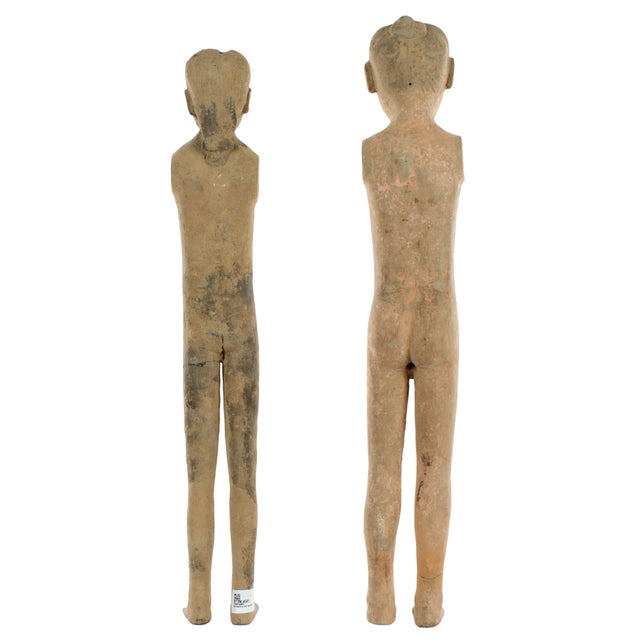 Chinese Two Chinese Han Dynasty Tall Slender Terracotta Stick Man Figures For Sale - Image 3 of 8